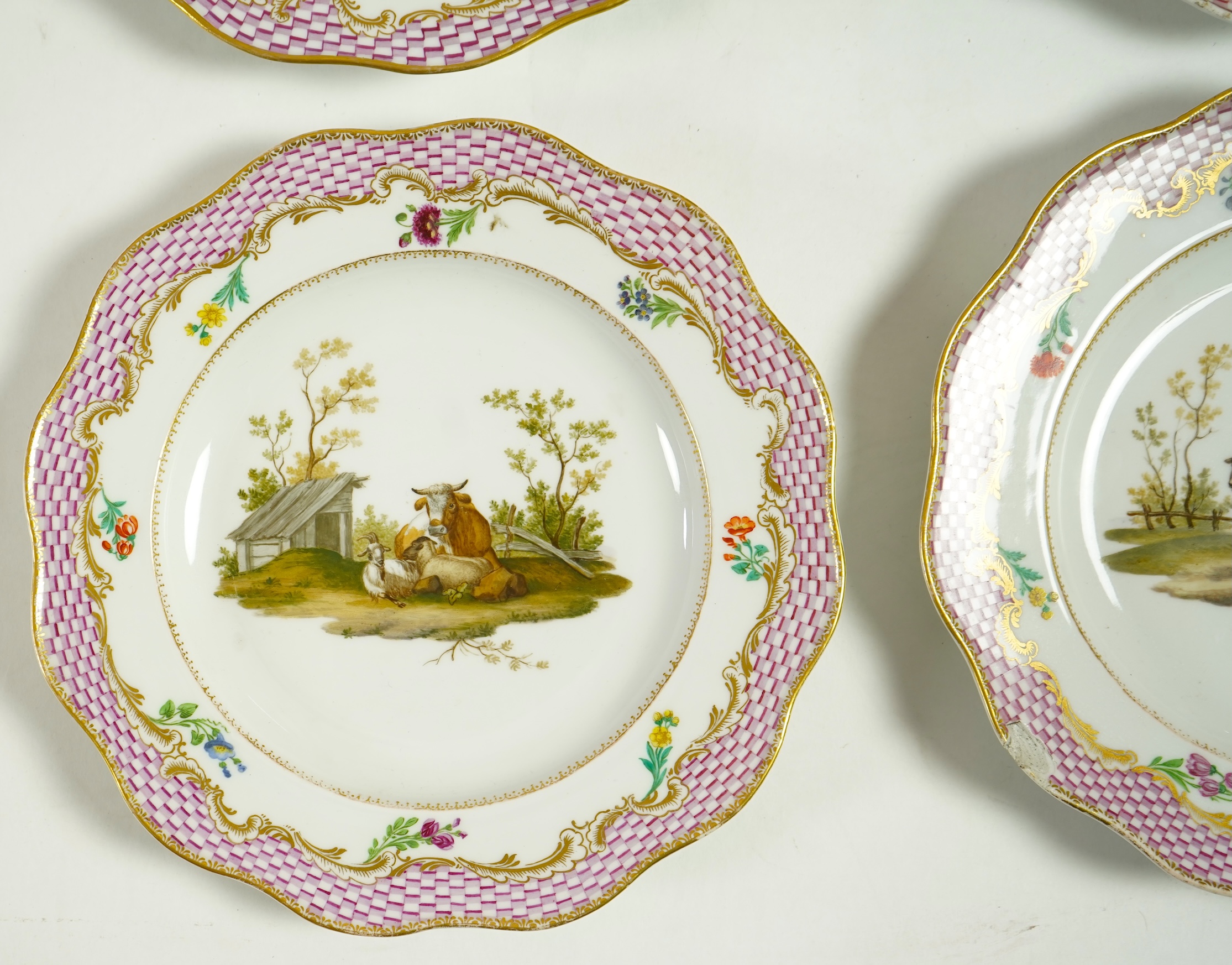 Four Meissen pastoral landscape plates, c.1760